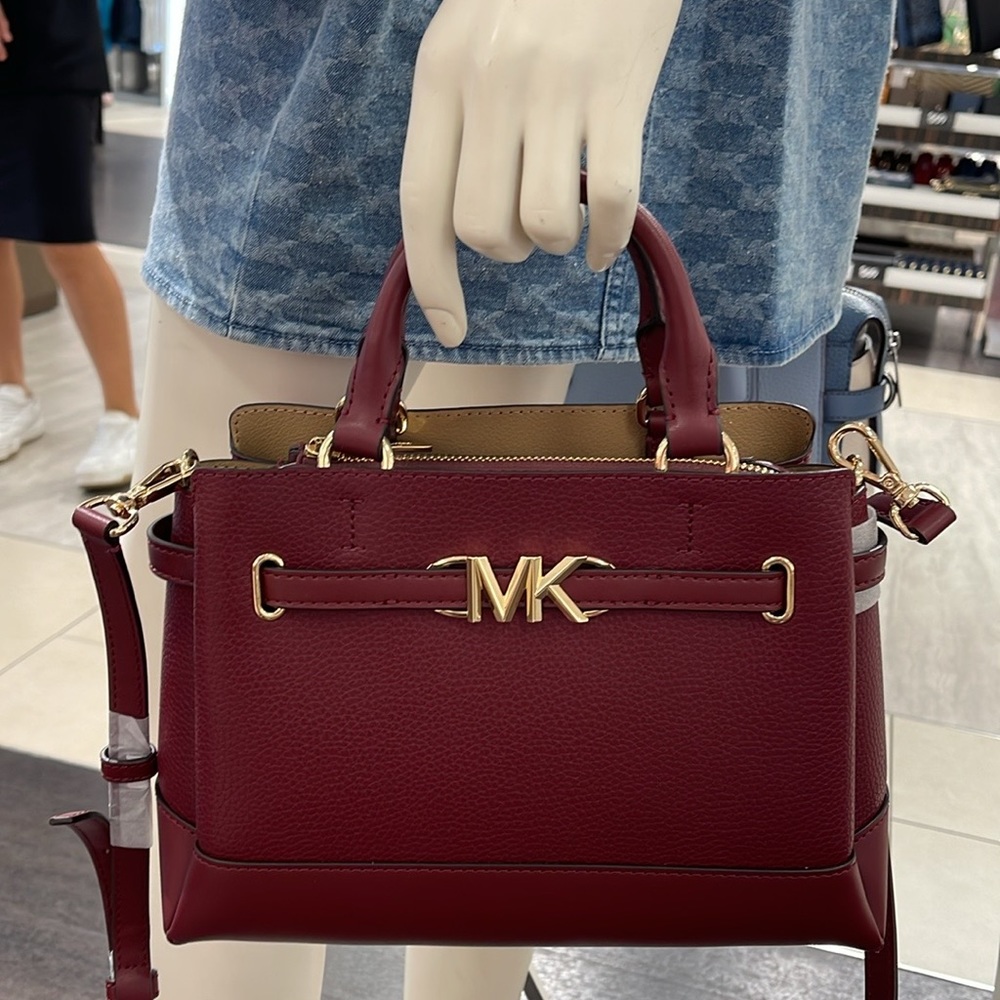 Michael Kors Reed Small Dark Cherry Leather Center Zip Belted Satchel Bag Purse